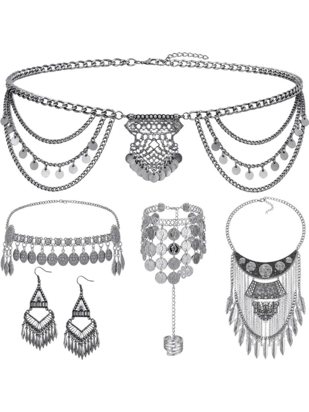 5-Piece Halloween Silver Jewelry Set for Women - Gypsy Belly Dance Accessories
